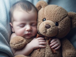 Peaceful newborn baby sleeping soundly while cuddling a soft, brown teddy bear toy on a cozy blue blanket