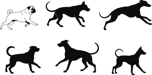 Dog silhouette illustration set, breed comparison poses, walking and running icons, pet posture vector, canine graphic design bundle