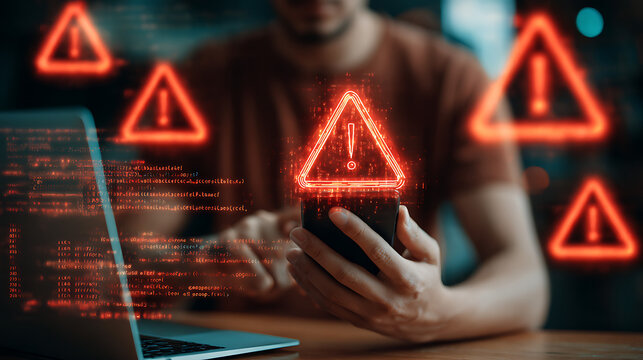 Person holding smartphone with digital warning signs and code laptop