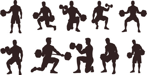 Dumbbell exercise silhouette set, strength training poses for arms legs core, fitness motion vector bundle, graphic workout design pack