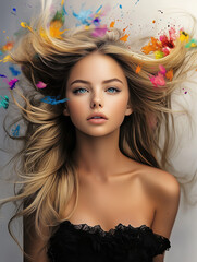 A dreamy woman with vibrant paint floating around her symbolizes free imagination and artistic passion.