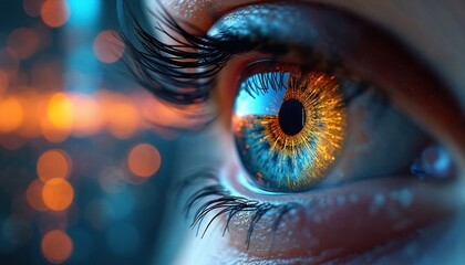 Macro view of human eye iris, digital data flows creating futuristic cityscape reflection. Blue and orange bokeh lights add depth to this abstract concept.