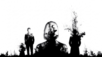 Abstract digital disruption captures mysterious figures emerging from dark chaos and data noise