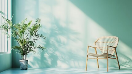 Sunlight streaming through window onto a chair and plant in a mint green room