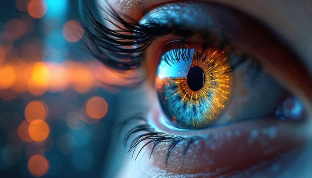 Macro view of human eye iris, digital data flows creating futuristic cityscape reflection. Blue and orange bokeh lights add depth to this abstract concept.