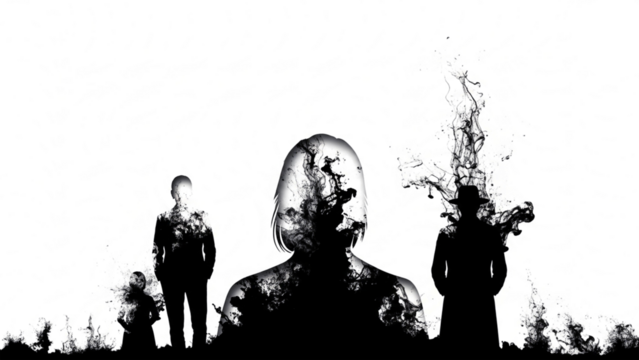 Abstract digital disruption captures mysterious figures emerging from dark chaos and data noise