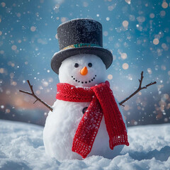 Cute cartoon snowman in the winter snow with a scarf and carrot nose, a happy new season holiday decoration