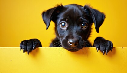 Small black puppy peeks over bright yellow barrier with paws resting on edge. Adorable doggy with big eyes looks curiously forward against vibrant yellow background. Cute pet poses in studio.