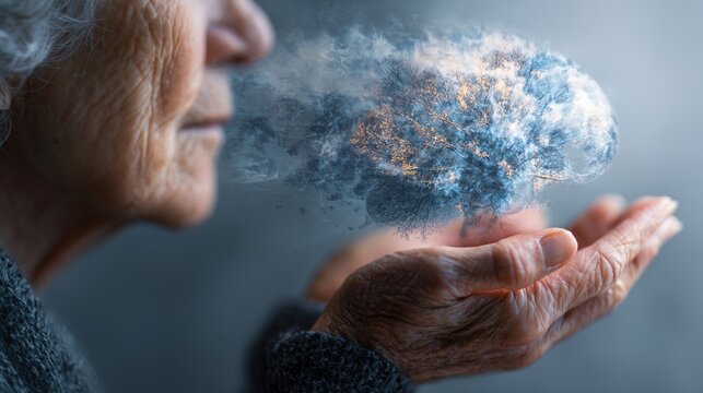 Brain Silhouette: An artistic representation depicts an elderly person holding a disintegrating brain silhouette, symbolizing memory loss, cognitive decline, or the passage of time.