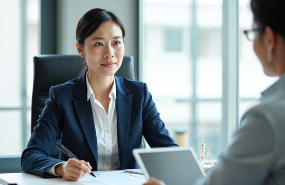 Asian woman lawyer consults client at desk. She writes notes while reviewing documents, discussing case with unseen person. Professional legal meeting in modern office setting. - Powered by Adobe