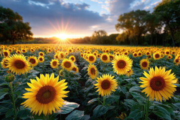 Obraz premium Golden Sunflower Field at Sunset with Trees