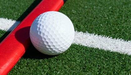 A close-up of a white golf ball and a red putter on a mini-golf course. Miniature golf equipment on green artificial turf with a white line. Sport and recreation concept