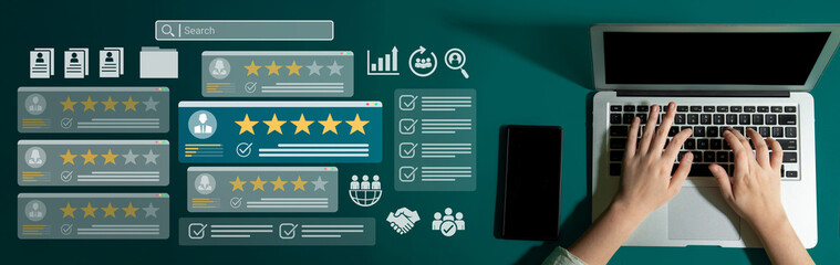 Digital dashboard showing employee evaluation, star ratings, and performance metrics for HR and...