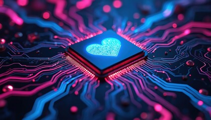 Abstract digital circuit board with neon blue and purple lines forming a glowing heart shape on a central processor. Futuristic technology concept.