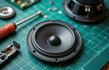 Close-up of disassembled audio speaker on green workbench. Screwdriver and speaker parts around. Repairing broken loudspeaker. Sound system fix process. Electronic equipment on grid cutting mat.