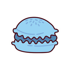 A blue French macaron sandwich cookie filled with dark blueberry cream. A stylish and sweet meringue bakery dessert, perfect for tea time.