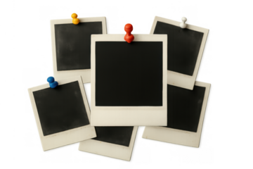 Instant print frames with blank space for memories, pinned to a bulletin board, transparent background