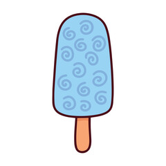 A light blue popsicle decorated with a darker blue spiral swirl pattern. A cute and creative frozen ice cream bar for a sweet summer snack.
