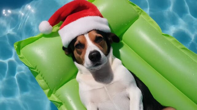 Cute dog in a Santa hat on a green inflatable mattress in swimming pool, mp4 video. AI