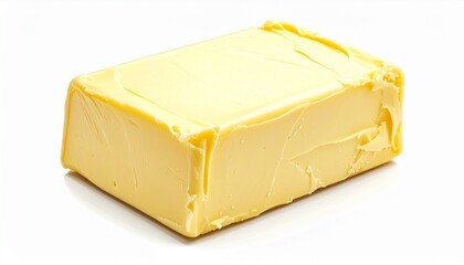 Rectangular pale yellow block of butter with smooth glossy surface and rounded edges on white background.