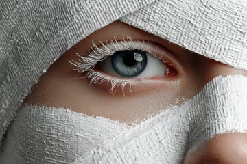 Female eye makeup close-up. Beauty woman with white make up. Beautiful female face with bright make-up, closeup. Colour trend of 2026. Cloud Dancer Color Pantone 11-4201 