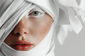 Female eye makeup close-up. Beauty woman with white make up. Beautiful female face with bright make-up, closeup. Fashion look. Colour trend of 2026. Cloud Dancer Color Pantone 11-4201, concept