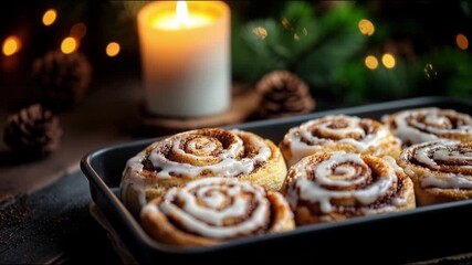 Cinnamon rolls on a baking tray, festive christmas bokeh background, atmospheric winter holiday coziness. The camera slowly orbits around the arrangement