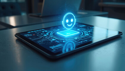 Tablet displays glowing chatbot icon above circuits. Future customer service interface, digital assistant AI, tech innovation, user interface design, virtual support.
