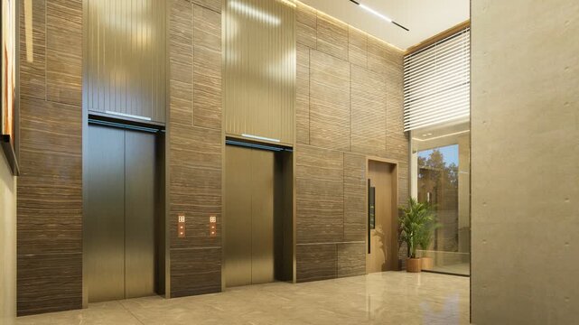 Modern upscale building lobby with two sleek metallic elevators
