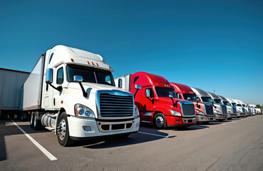Naklejka premium Several semi trucks stand in row. Red white and grey trucks are parked against the blue sky. Tractor trailers wait in parking lot. Fleet vehicles lined in freight shipping company.
