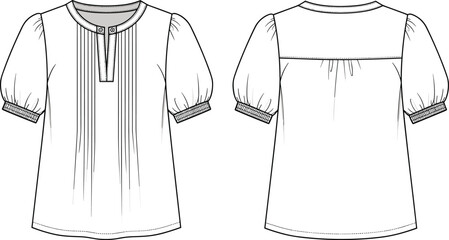 Women's Technical Fashion Sketch of Short Puff Sleeve Blouse with Buttoned Placket and Pin Tucks Detail, Front and Back CAD Template.
