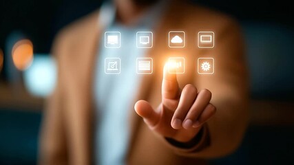 Faceless handsome person holding hologram screen displaying modern cloud based web system technology cloud computing digital infrastructure web services online platform with