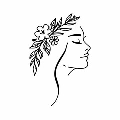 Minimalist Continuous Line Art Woman Portrait with Botanical Elements