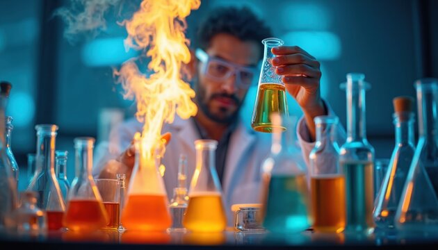Male scientist conducts chemical experiment in modern laboratory. Observes vibrant fire reaction in beaker, holding yellow liquid flask. Colorful solutions, active compounds part of exciting research