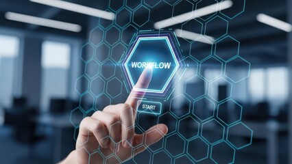 Activating Digital Workflow Hand Touching Start Button Concept