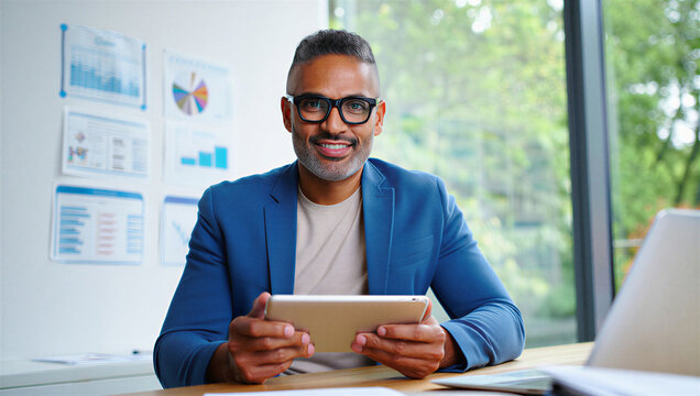 Happy Businessman with Tablet in Modern Office. Professional Analyzing Data & Finance Charts. Digital Business Strategy.