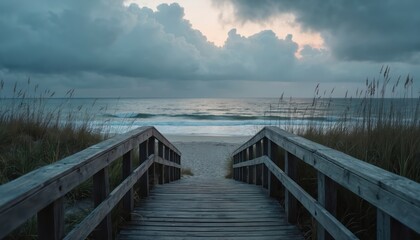 Obraz premium Wooden walkway leads to sandy beach. Ocean waves crash under cloudy twilight sky. Tall grass borders pathway to calm sea. Dusk scene offers peaceful coastal journey.