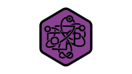 Quantum computing specialist icon. Minimalist hexagonal badge with an abstract atomic symbol. Vector illustration for science and technology