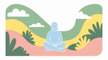 A person meditating in a stylized natural landscape. Flat design vector illustration for mindfulness and wellness. Digital detox and screen free moment concept