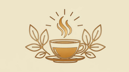 Minimalist line art illustration of a teacup. Hot tea or coffee logo with steam and leaves. Elegant vector icon for a cafe or wellness brand