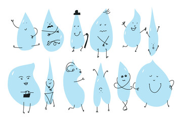 Funny water drop character with a playful expression and a short motivational quote. Cute cartoon-style design perfect for eco posters, kids materials, stickers