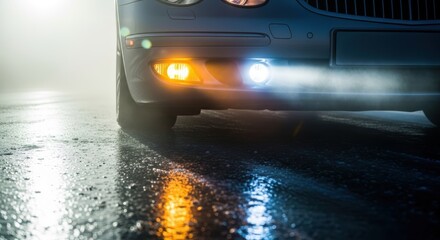 Car headlight beams light on wet asphalt creating bright reflections. Car headlight close-up shows road safety and powerful modern car technology.