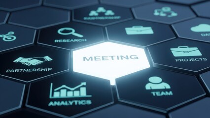 Business meeting concept with interactive hexagons and partnership icons