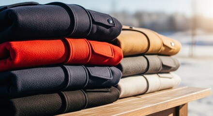 Stack of coats in multiple colors presents warm clothing options against snowy backdrop. Stack of coats provides cozy winter outerwear, neatly folded and ready for wear.