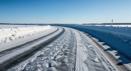 Winter road in snowy landscape under clear sky. Winter road covered in ice and tire tracks, beside snowbanks beneath blue sky; journey through winter landscape. This winter road represents resilience.