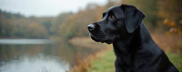 Black labrador retriever dog sits near calm lake water. Autumn trees and dry grass surround the park. Canine watches attentively. Dog enjoys nature outdoors.