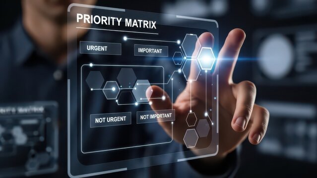 Businessman uses digital interface for project priority matrix planning