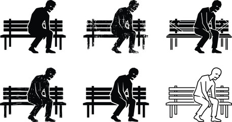 Depressed sad man silhouette sitting alone on park bench in distress.