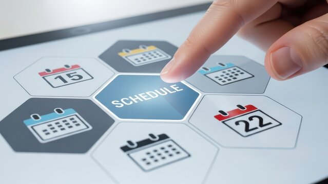 Finger pressing on schedule icon on digital tablet app - Powered by Adobe