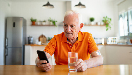 Elderly Man Monitoring Health Data on Smartphone with Wearable Sensor; Digital Wellness & Senior Care at Home